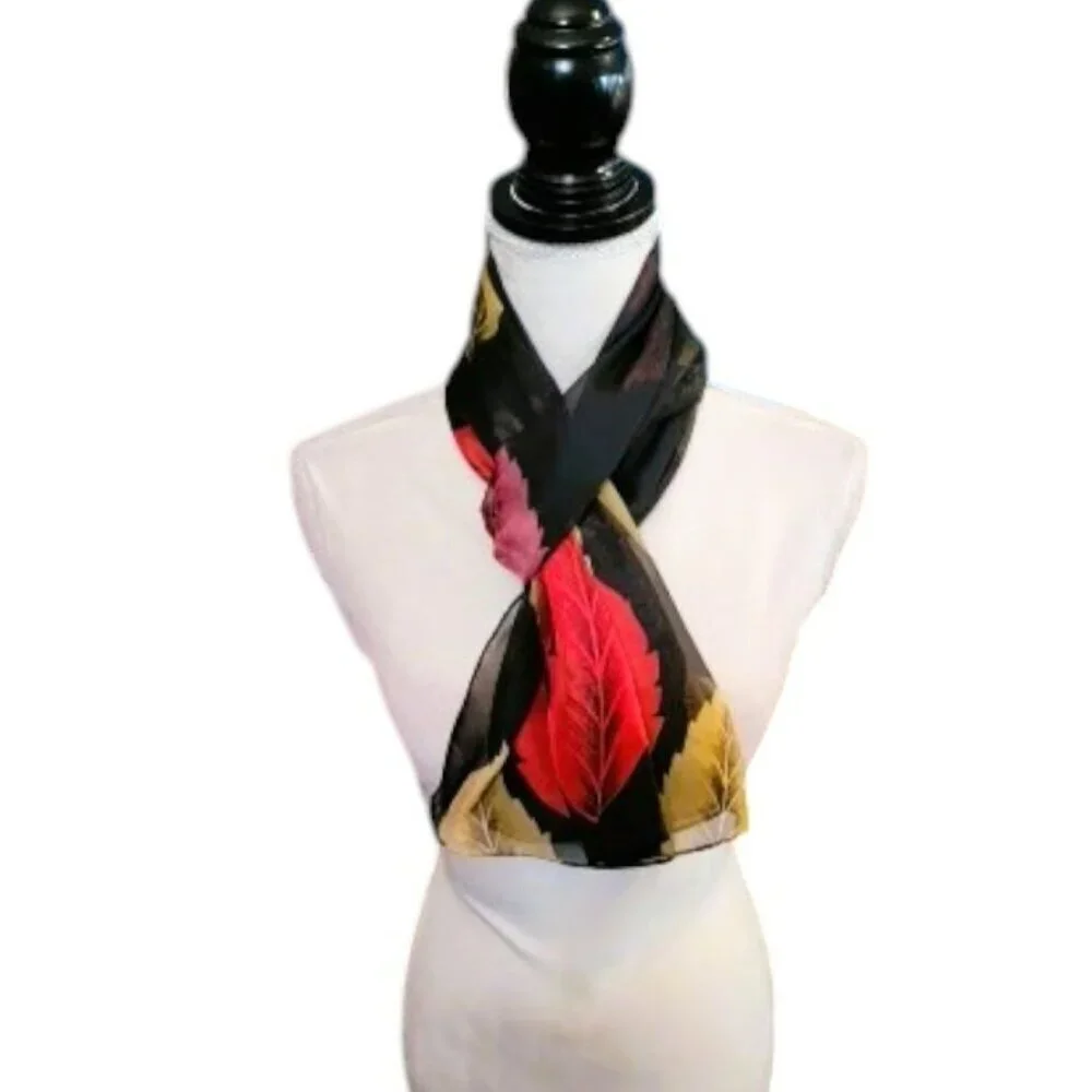 NWOT Elegant‎ Black Scarf with Tan, Pink and Red Leaf Design Weekend Casual